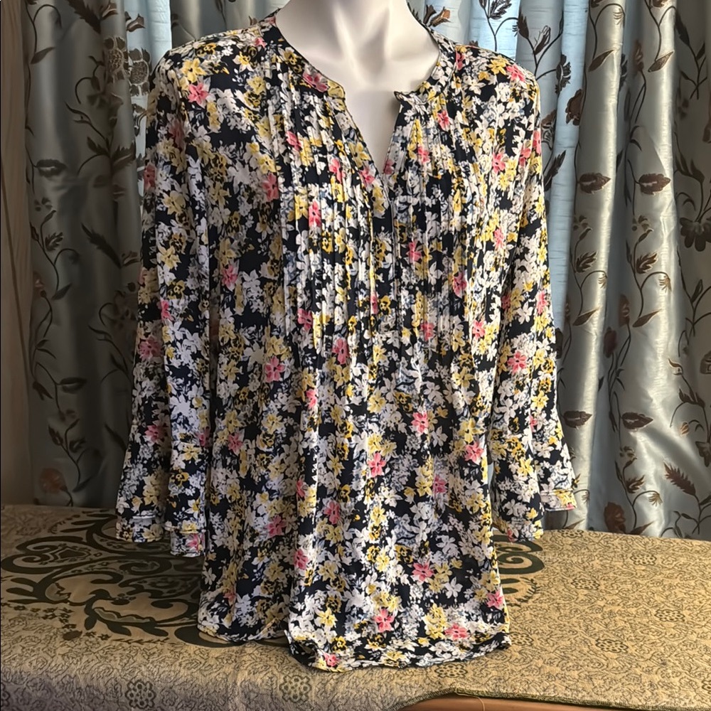 Charter Club Blue and Pink Pleated Blouse with Mandarin Collar